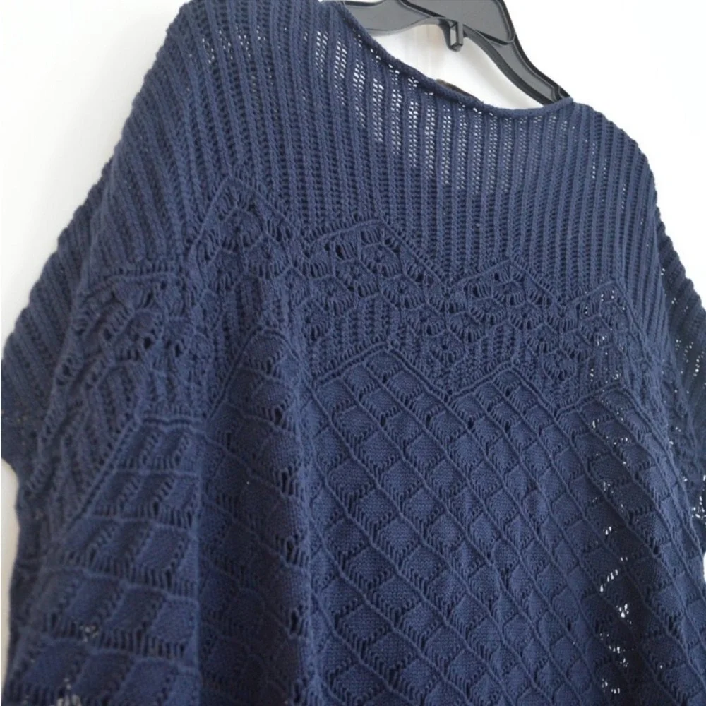 Jeanne Pierre Crochet Beach Cover Up Navy Blue Cap Sleeve Boxy Poncho Size M